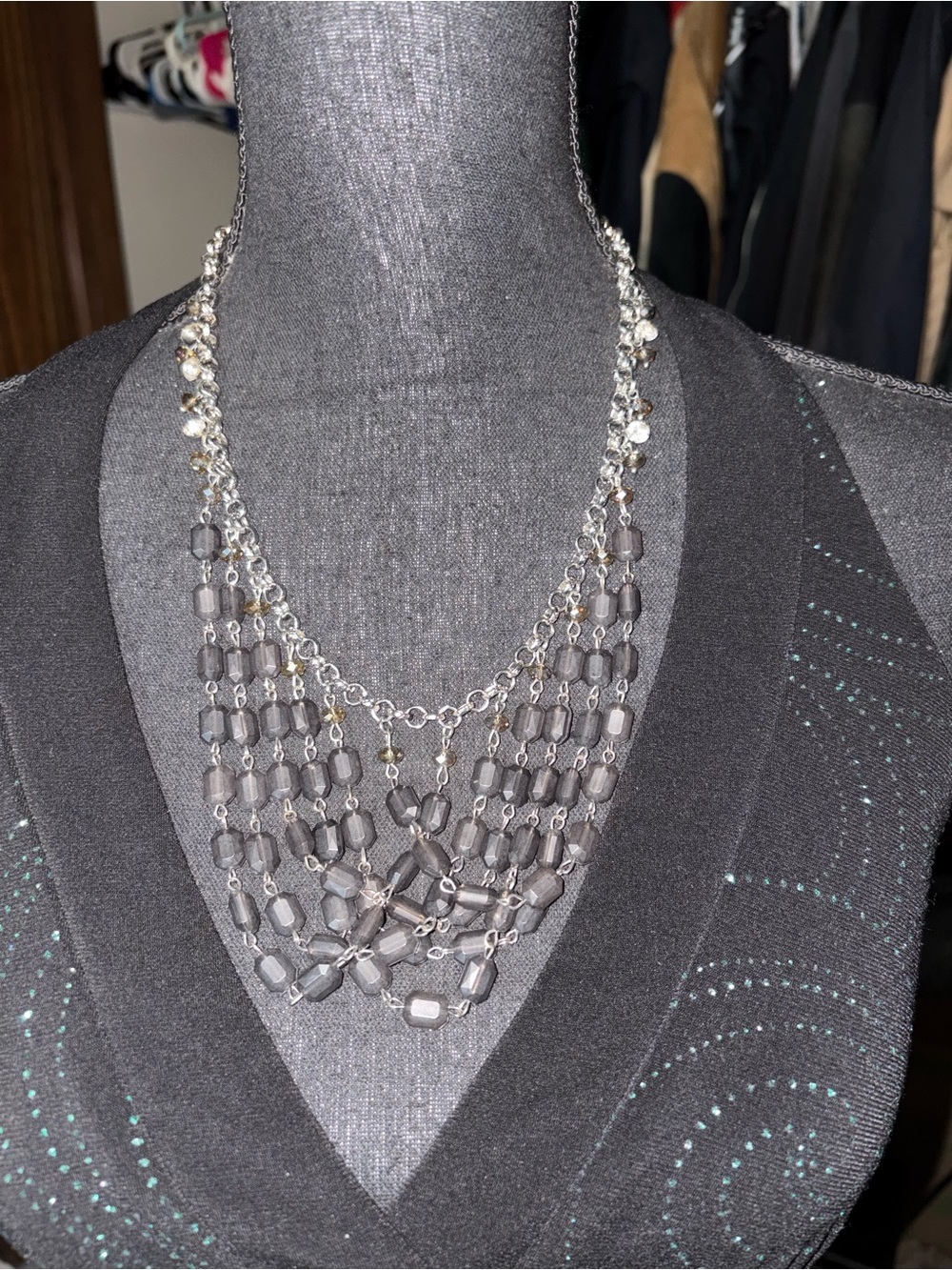 Layered Gray Bead Statement Necklace with Silver Chain